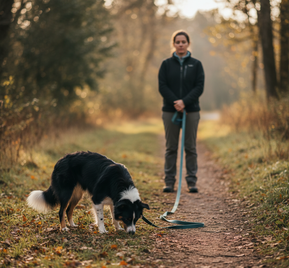 Fotografía de un perro olfateando relajadamente en un parque con una correa larga