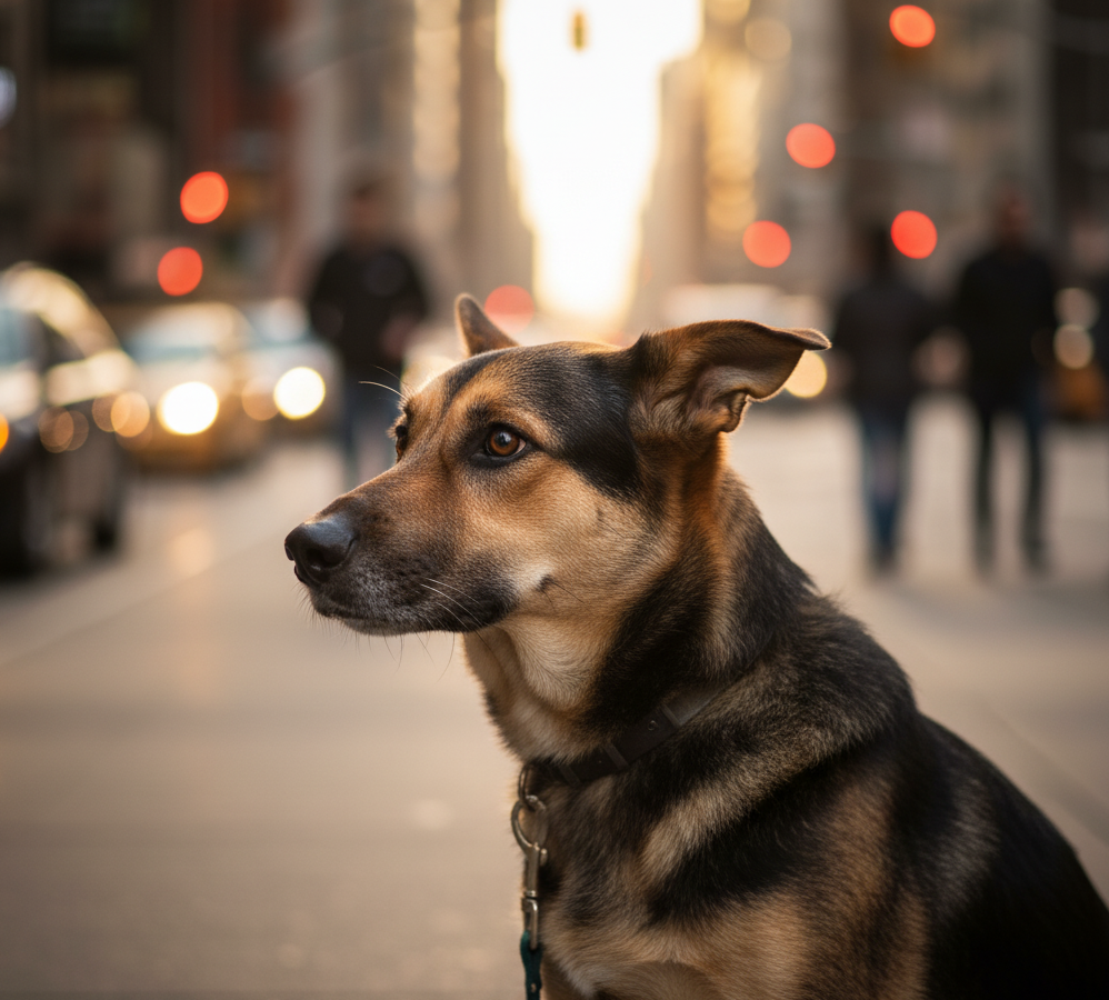 Fotografía de un perro en una ciudad mirando distraído y tenso por el ruido del tráfico