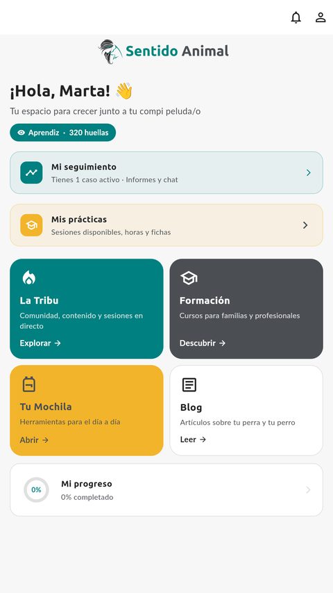 Pantalla de inicio de la app Sentido Animal