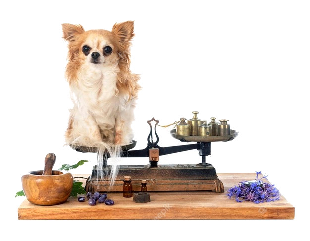 Chihuahua canela y blanco encima de una balanza, con pesos en el otro plato