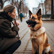 Una mujer mira a su perro pastor alemán, en una calle urbana