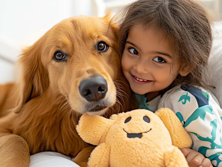 Golden y niña con peluche en una cama, en sesión de Intervenciones Asistidas con Animales