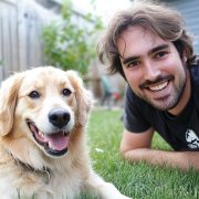 hombre jugando en el suelo con su perra golden retriever