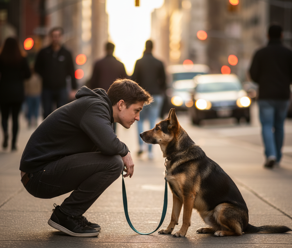 Persona agachada junto a su perro pastor alemán, mirandose frente a frente