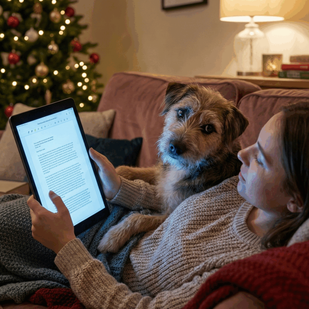 Mujer joven recostada en el sofá leyendo en una tablet, con su perra mestiza mirándola. Decoración navideña