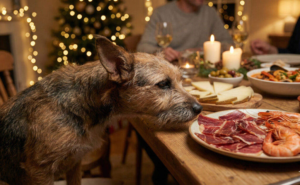 Perra intentando comer en la mesa un trozo de jamón serrano, en una mesa con luces y comida típica de Navidad