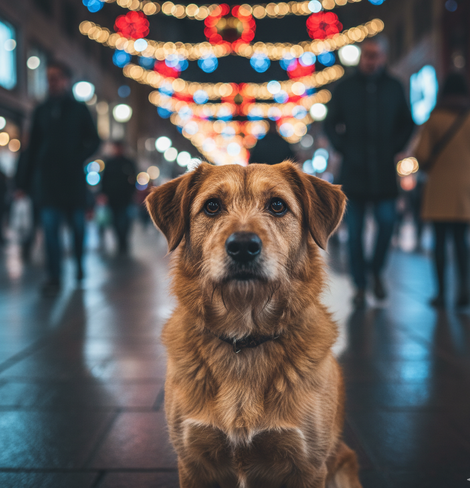 Perra mirándo a la cámara en ambiente navideño, con luces de colores en una noche urbana