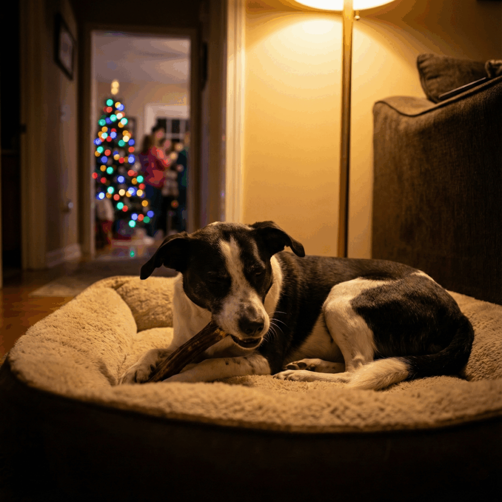 perra descansando tranquilamente comiendo un hueso masticable mientras hay personas al fondo en un ambiente de fiesta celebrando la Navidad