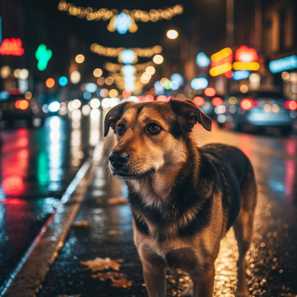 Perro abrumado en Navidad en el paseo