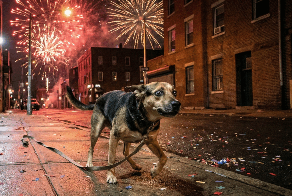 perro huyendo de los fuegos artificiales detrás de él. Lleva la correa atada porque s ha escapado de miedo