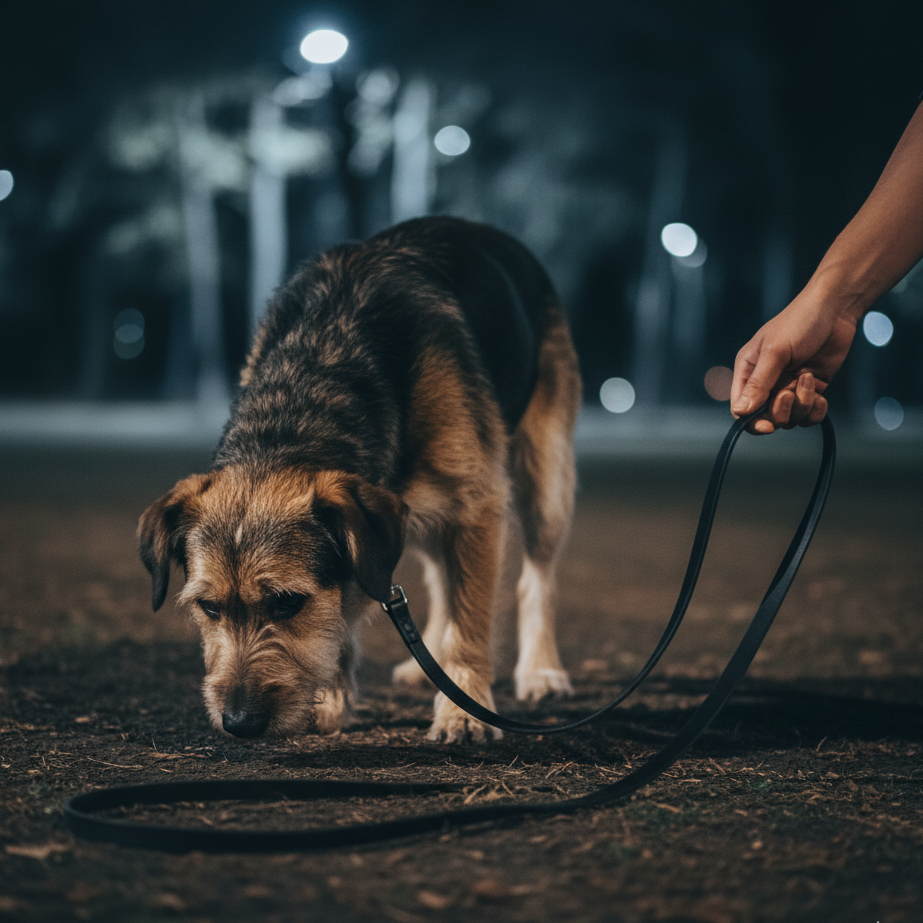 Perro tranquolo olfateando el suelo en zona segura, con la correa destensada