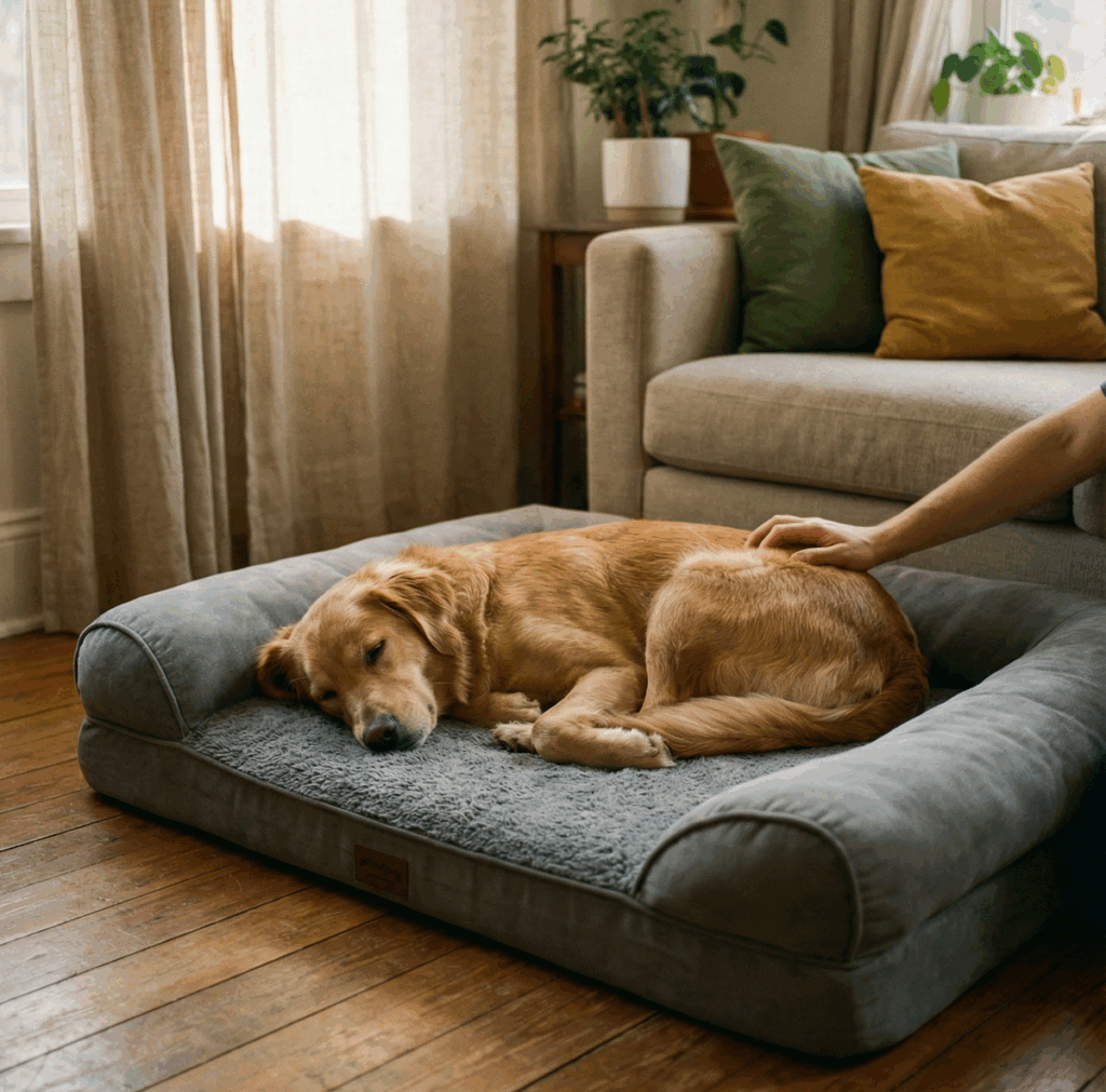 Perra Golden Retriever descansando en una cama ara perros, en un acogedor salón mientras una mano le acaricia el lomo