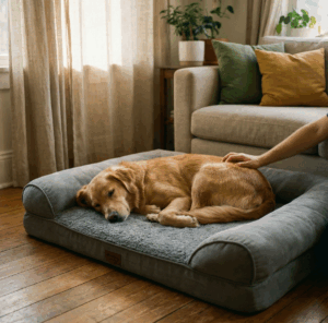 Perra Golden Retriever descansando en una cama ara perros, en un acogedor salón mientras una mano le acaricia el lomo