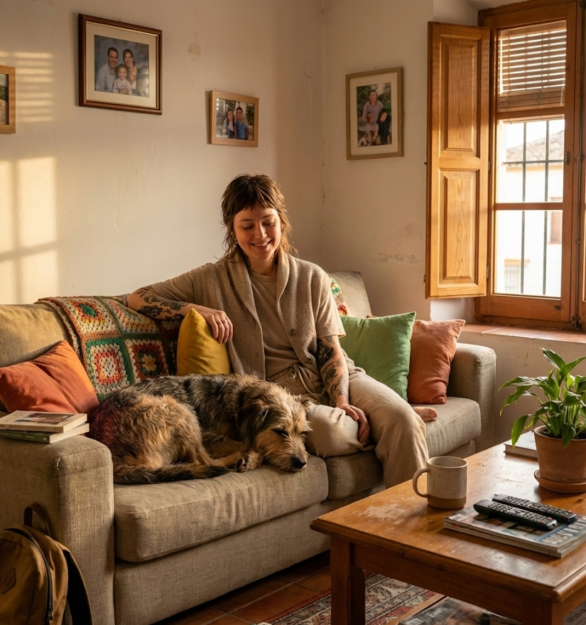 Mujer mirando a su perro dormido en el salón