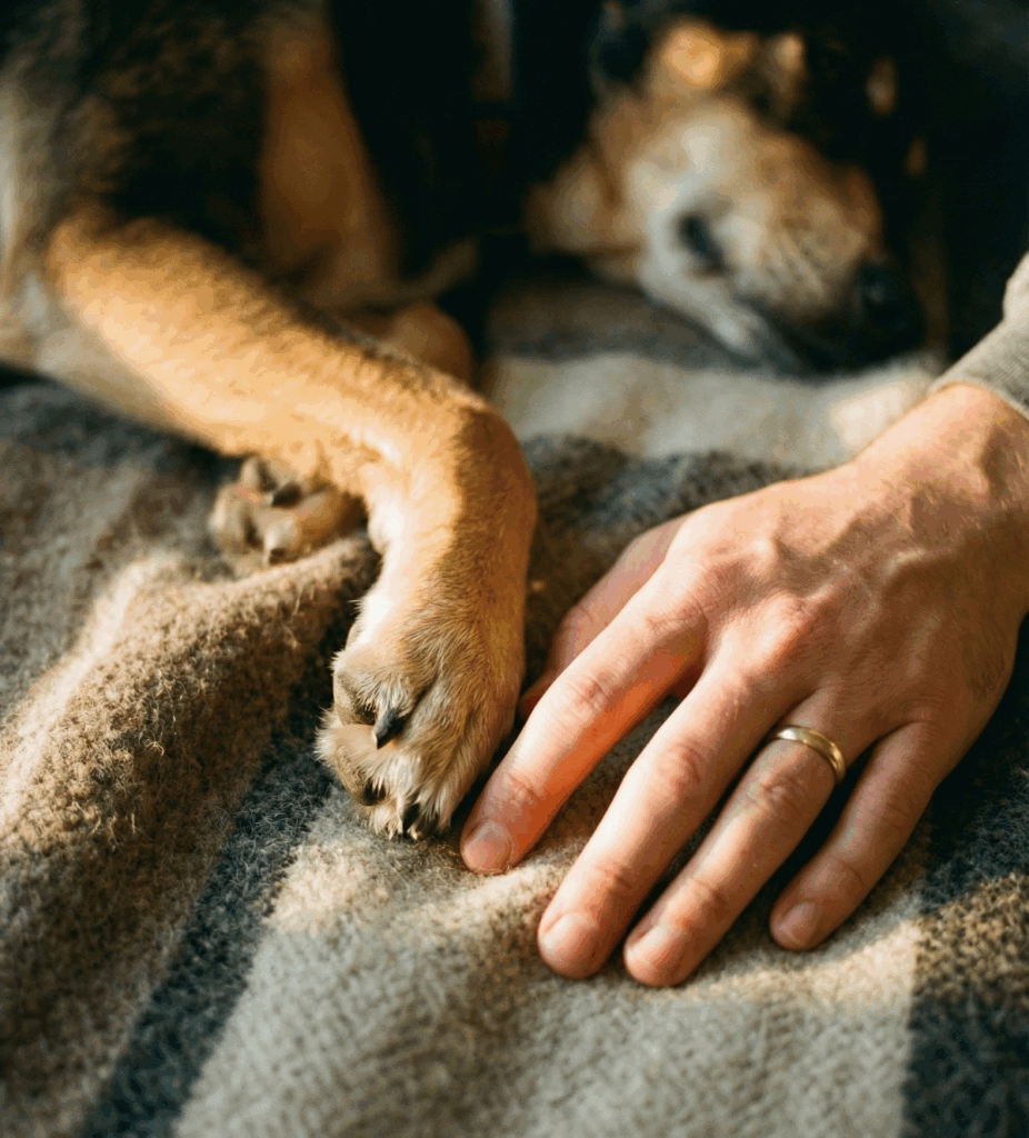 Perra durmiendo junto a la mano de una persona en una alfombra en el suelo