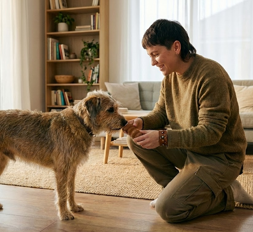 Persona ofreciendo kong a su perro