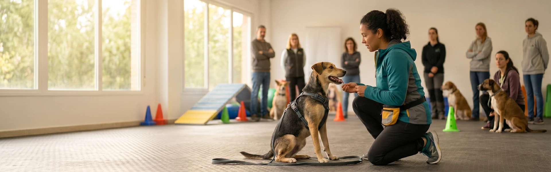 Sesión de formación canina en positivo · educadora practicando con un perro mientras alumnado observa · Sentido Animal Madrid