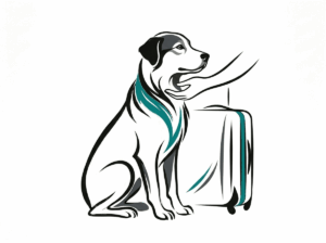 Ilustración de una perra sentada junto a una maleta mientras una mano la acaricia durante la mudanza