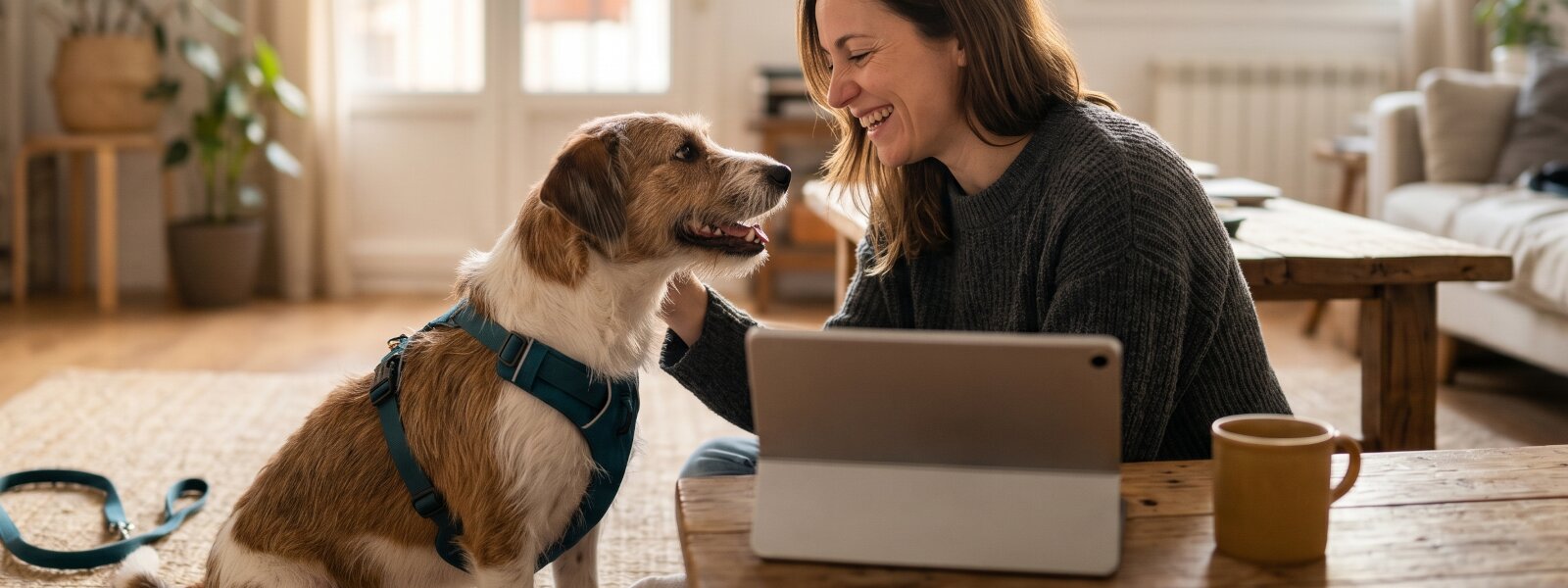 Educadora canina sonriendo junto a perra mestiza con arnés azul en sesión de adiestramiento online por videollamada