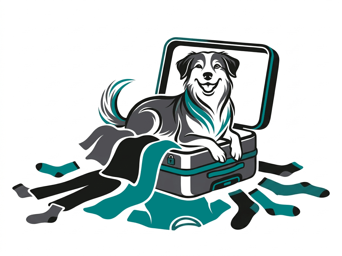 Ilustración de un perro dentro de una maleta abierta con ropa, sobre dónde dejarlo en vacaciones