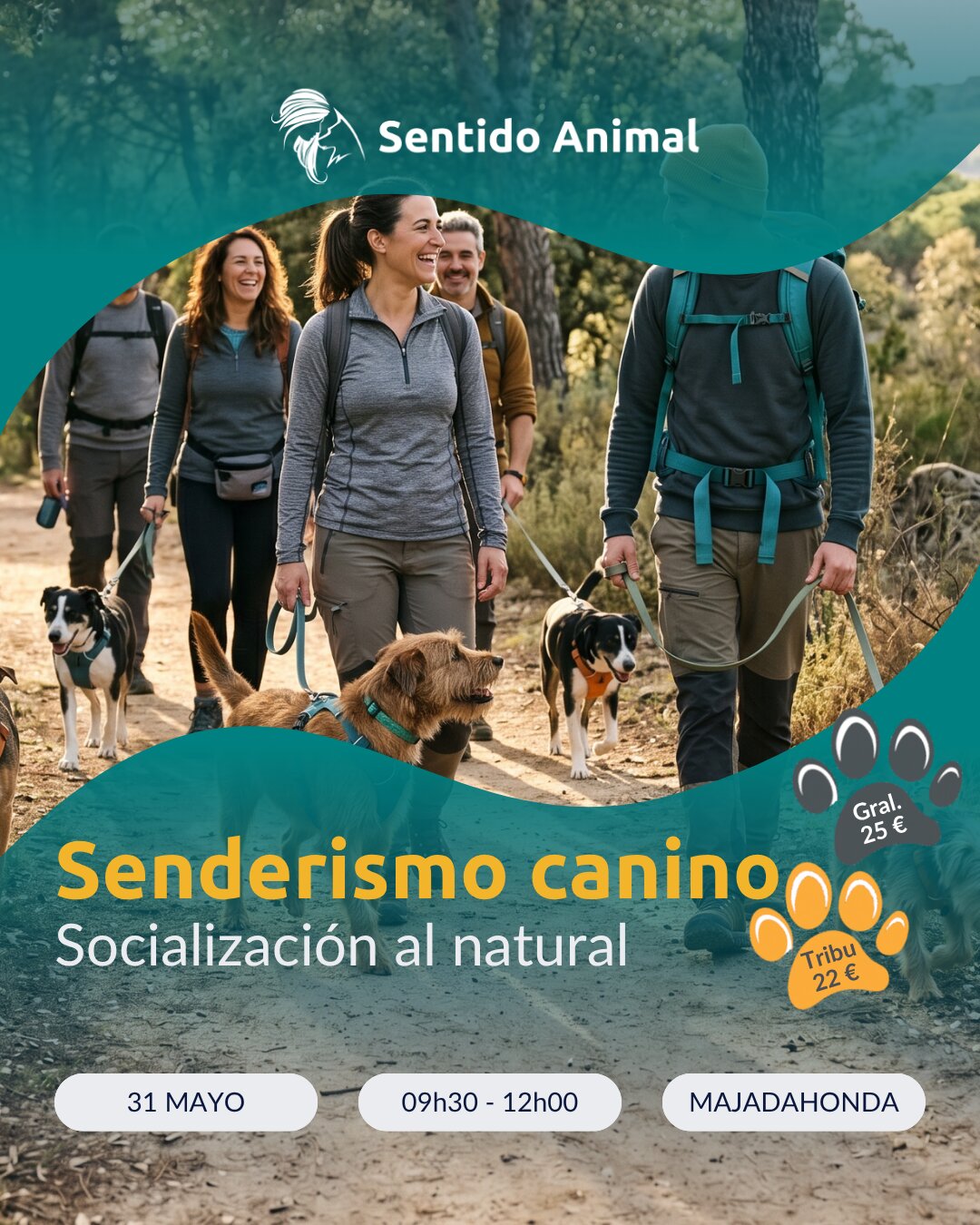 Cartel del senderismo canino del 31 de mayo en Majadahonda con grupo de personas y sus perras paseando por un sendero entre pinos