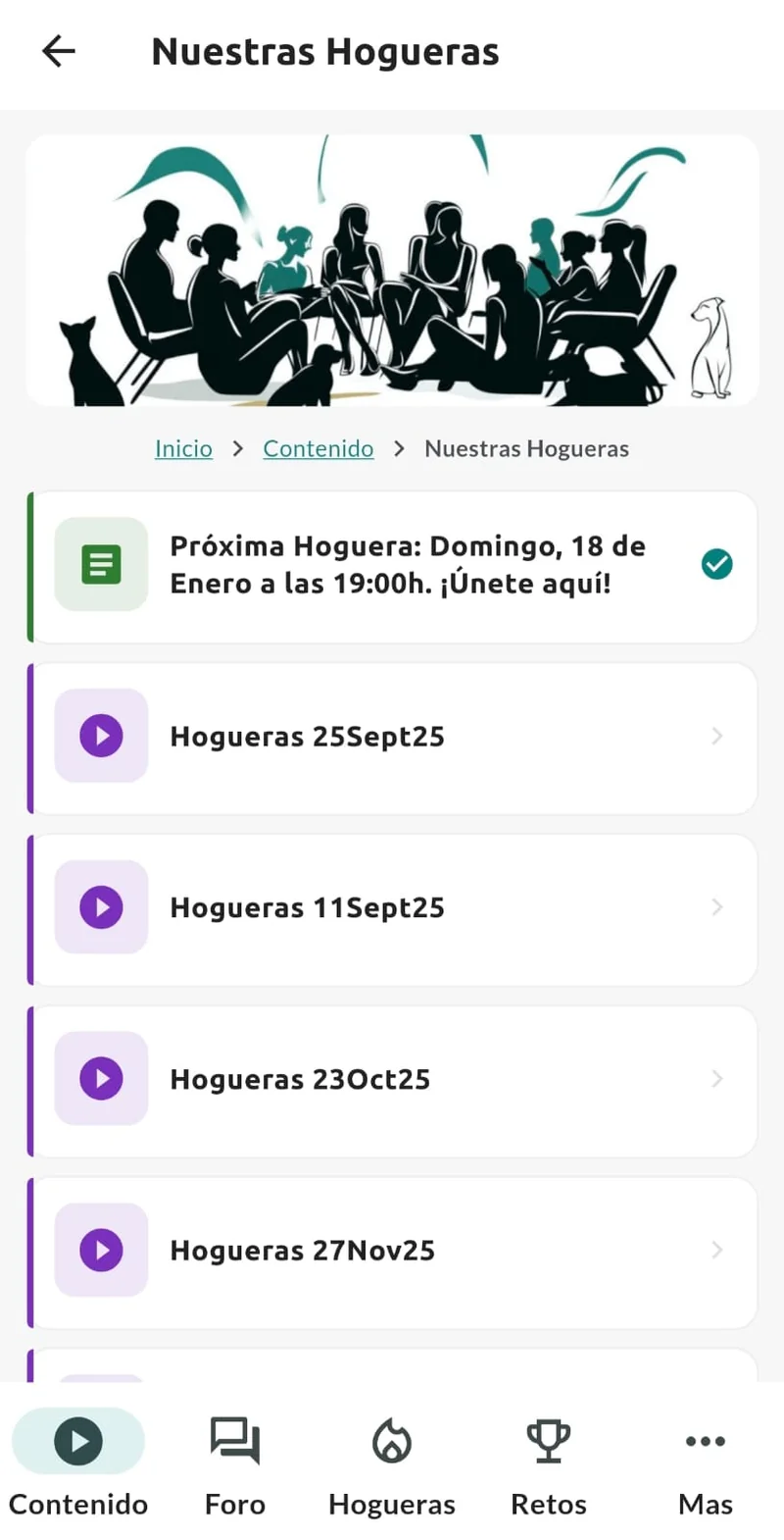 Pantalla móvil de Nuestras Hogueras en la app Sentido Animal con próxima hoguera y archivo de hogueras pasadas