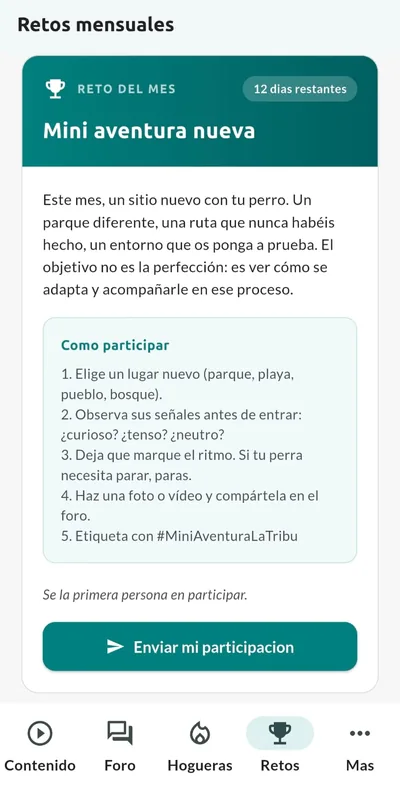Pantalla móvil de Retos mensuales en La Tribu de la app Sentido Animal: reto Mini aventura nueva con 12 días restantes y botón Enviar mi participación