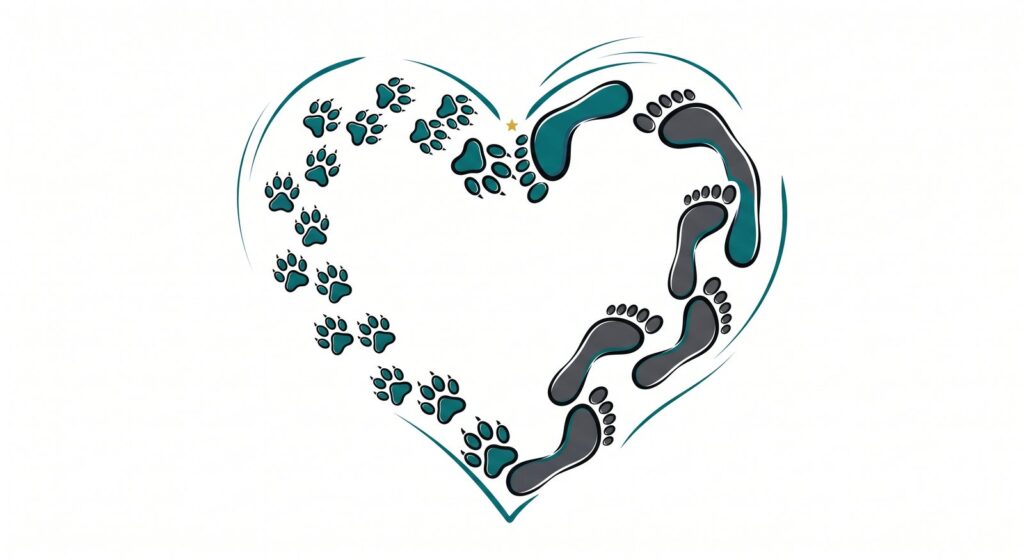 Corazón formado por huellas de perro y pisadas humanas, símbolo del vínculo y la confianza