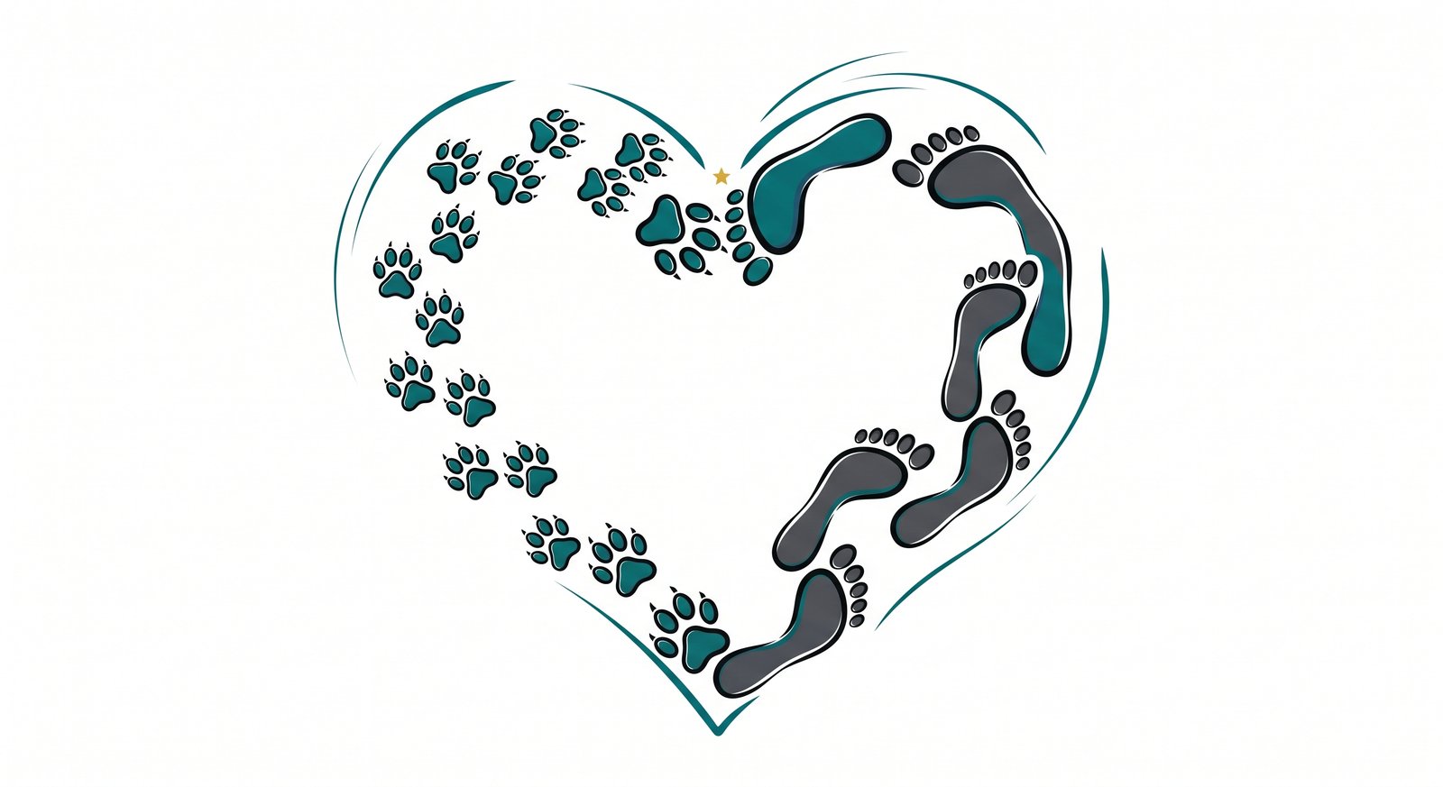 Corazón formado por huellas de perro y pisadas humanas, símbolo del vínculo y la confianza