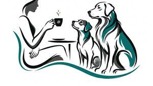 Tutora con un café frente a una perra y un perro que la observan atentos, comunicación canina en calma en Madrid