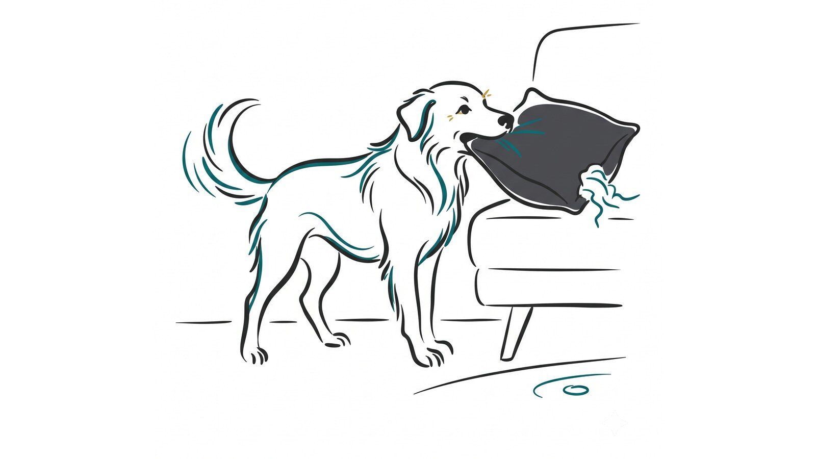 Perro mordiendo un cojín del sofá al quedarse solo, ilustración line art de Sentido Animal