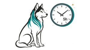 Perro sentado junto a un reloj que marca 5 horas, ilustración line art de Sentido Animal
