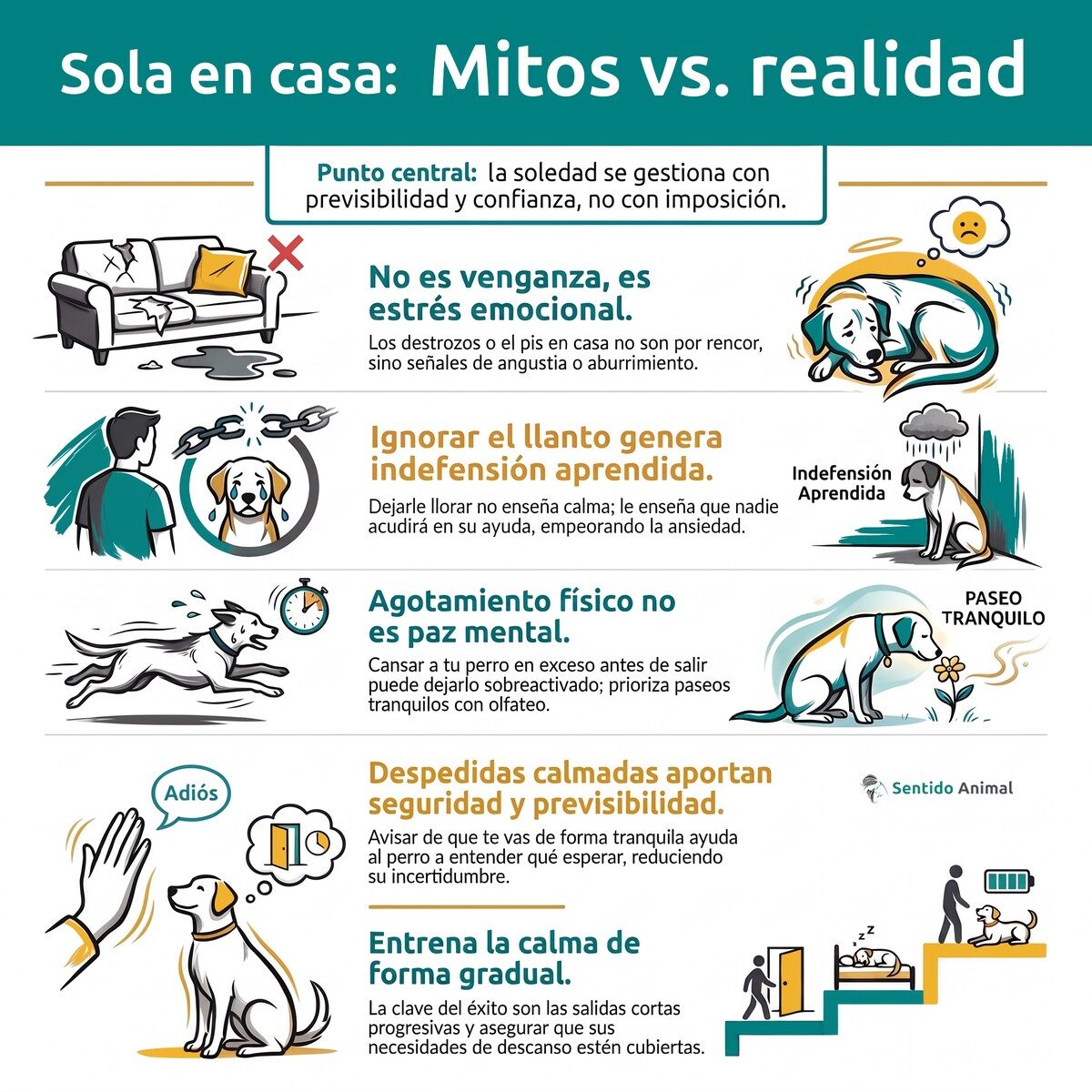 Infografía: dejar a tu perra sola en casa, mitos vs. realidad