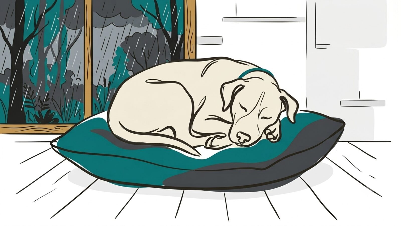 Perro durmiendo acurrucado y tranquilo en su cama junto a la ventana un día de lluvia