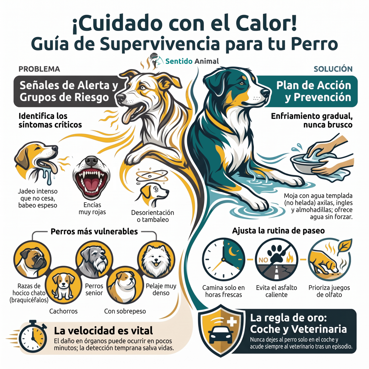 Infografía: guía de supervivencia ante el golpe de calor en perros, con señales de alerta, grupos de riesgo y plan de acción