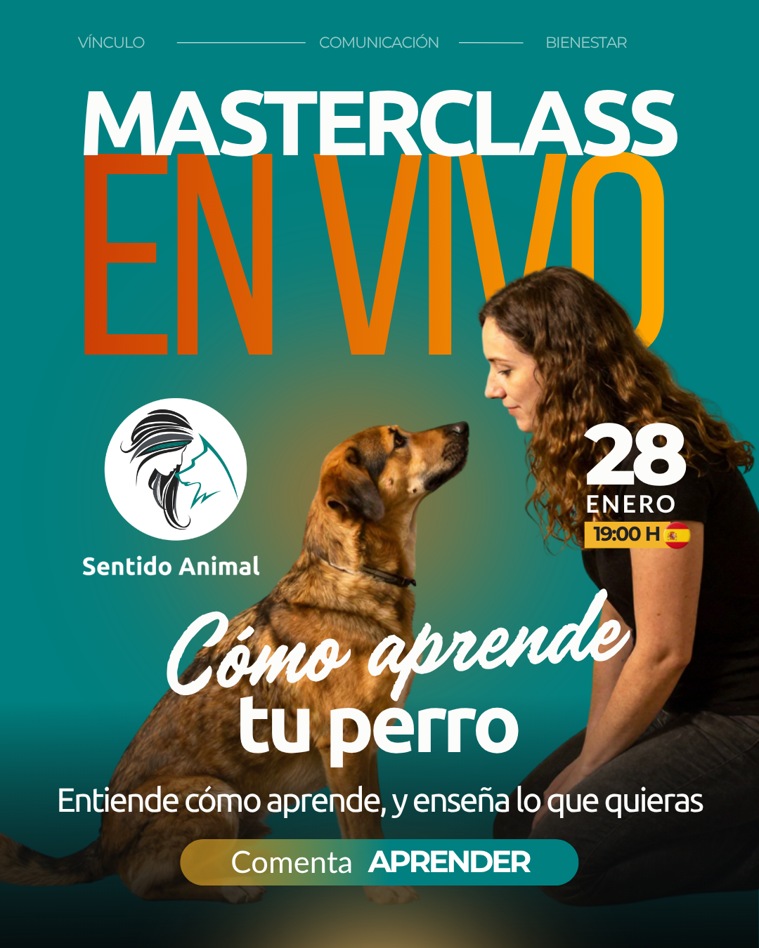 Cartel de la masterclass Cómo aprende tu perro, jueves 28 de enero
