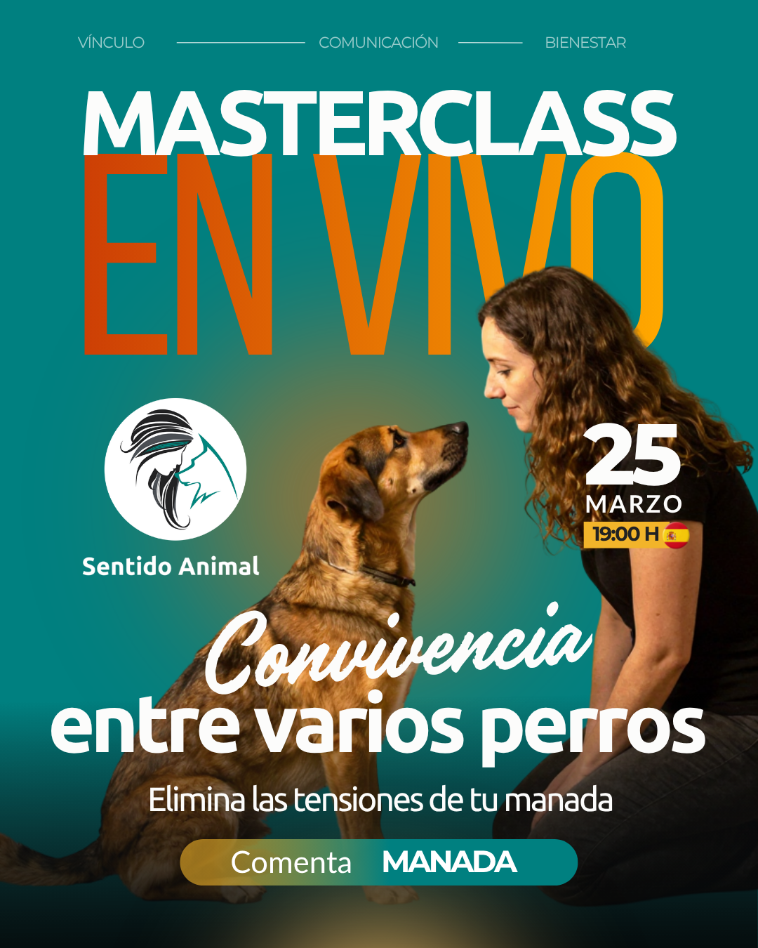 Cartel de la masterclass Convivencia entre varios perros, jueves 25 de marzo