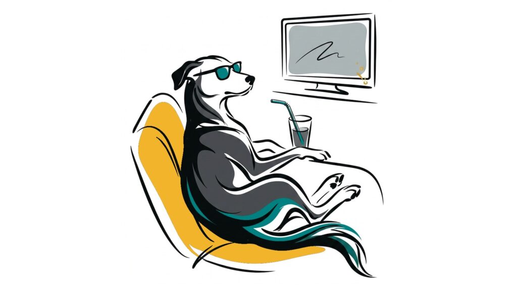 Perro con gafas de sol relajado en un sillón viendo la tele, ilustración line art de Sentido Animal