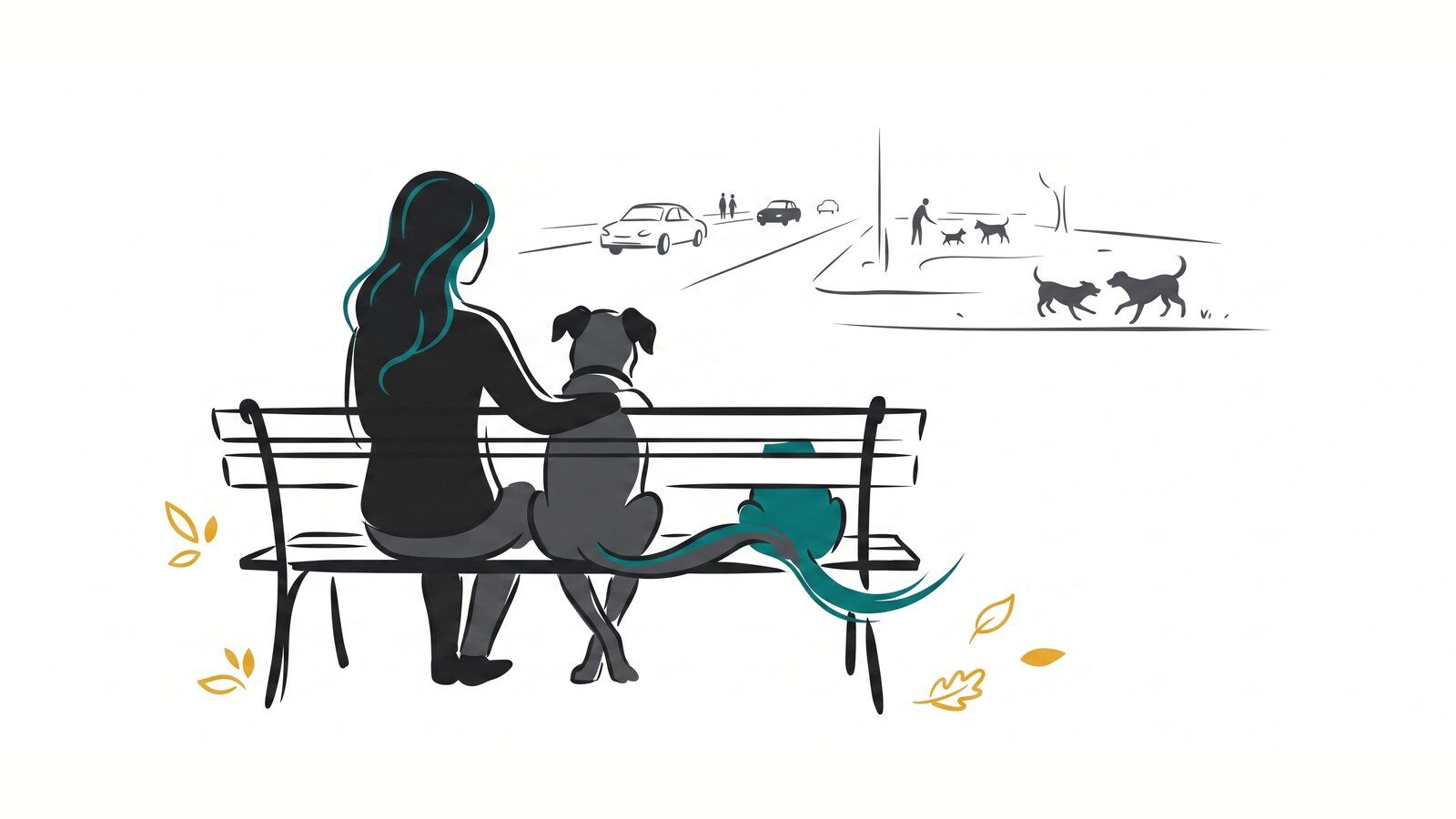 Mujer sentada en un banco con su perra, mirando desde lejos la calle y a otros perros