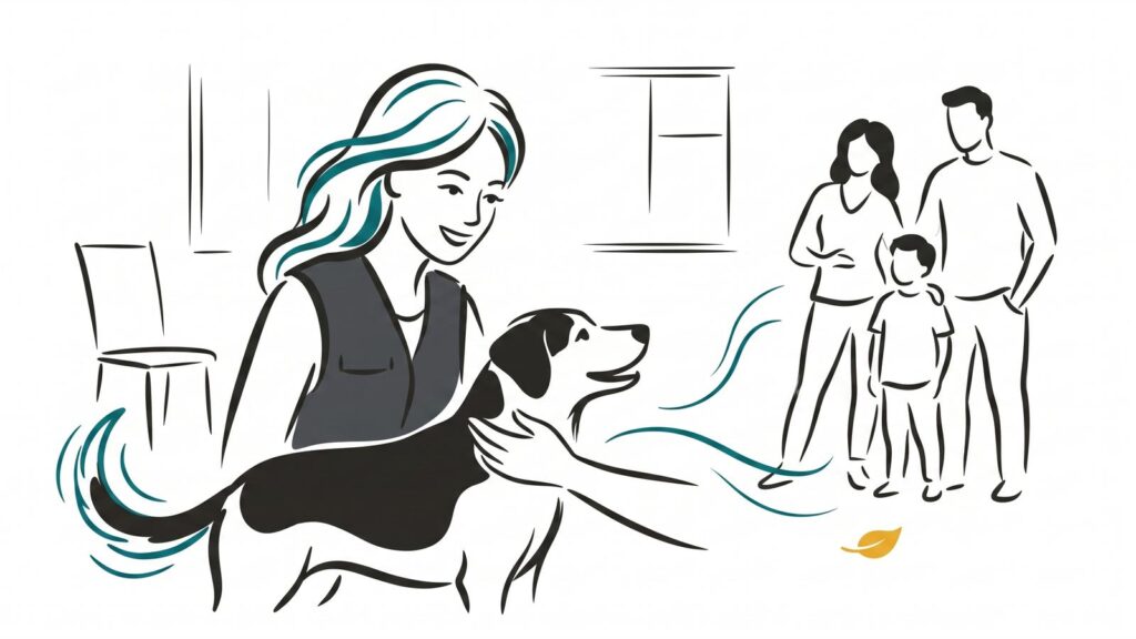 Educadora canina acariciando a un perro en el salón de una casa mientras la familia observa desde el fondo