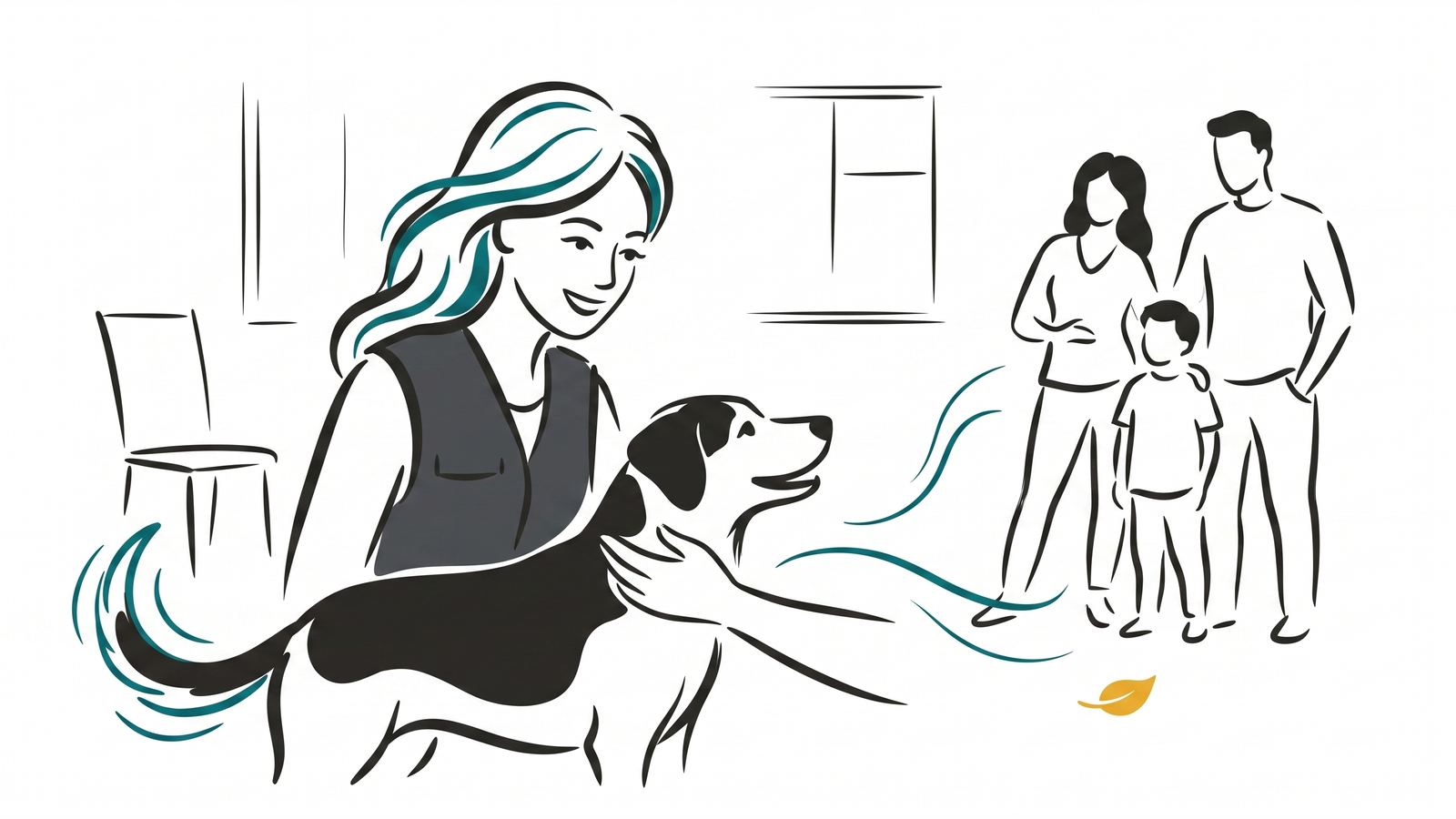 Educadora canina acariciando a un perro en el salón de una casa mientras la familia observa desde el fondo
