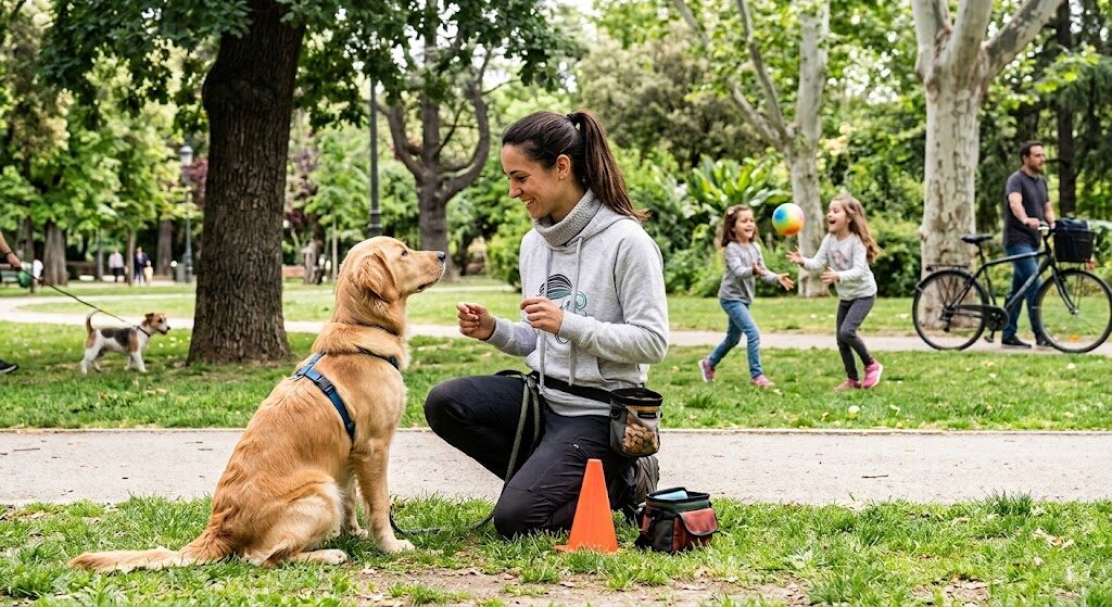 Una educadora canina trabajando con un golden retriever sentado en un parque, con niñas jugando al fondo.