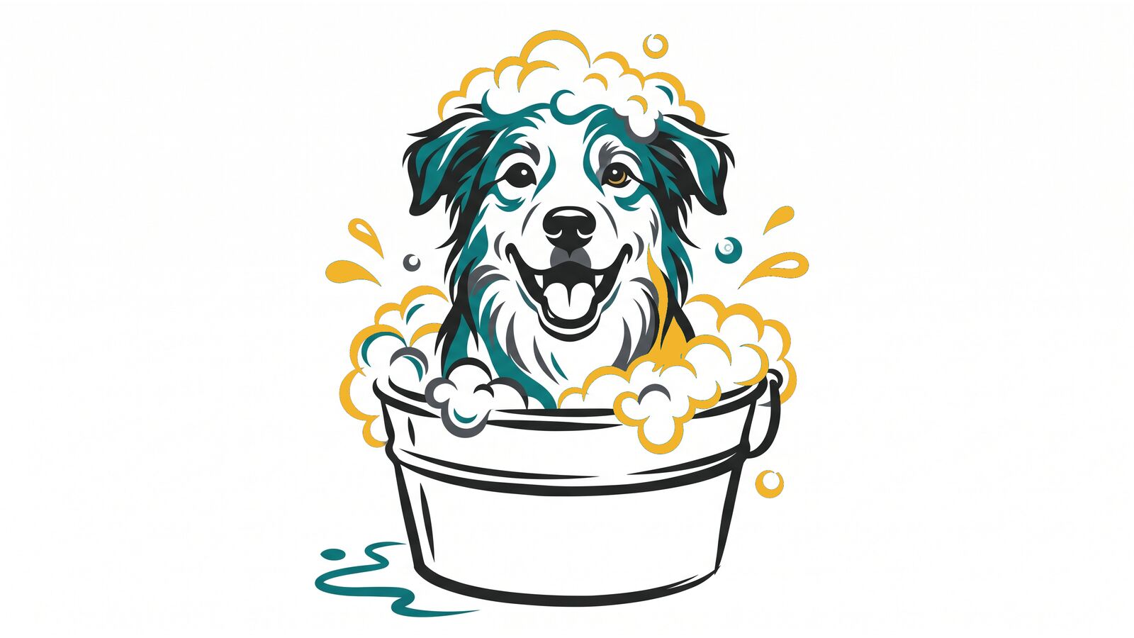 Ilustración de una perra sonriente dentro de un barreño lleno de espuma, tranquila durante el baño