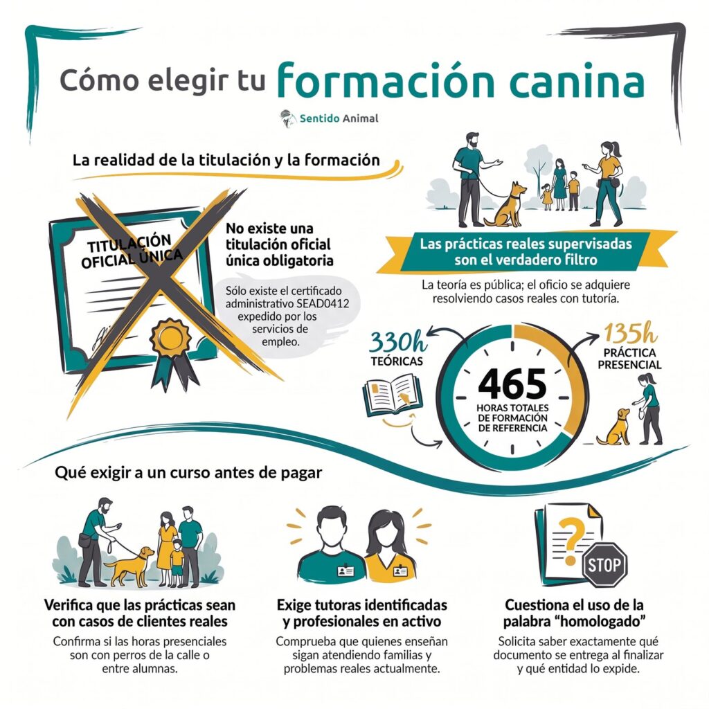 Infografía: cómo elegir tu formación canina, qué es el certificado SEAD0412 y qué exigir a un curso antes de pagar, de Sentido Animal