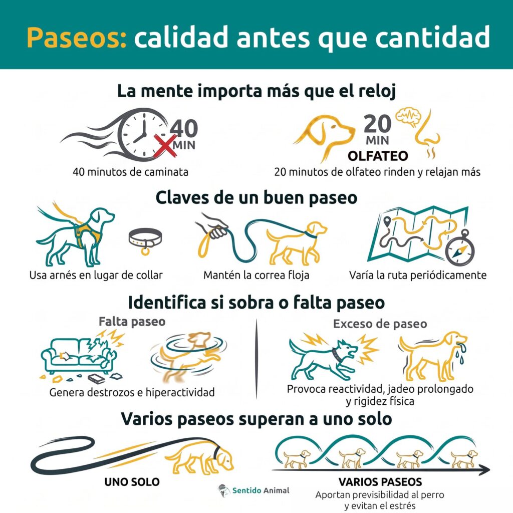 Infografía: en el paseo manda la calidad y no el reloj, claves de un buen paseo y señales de que sobra o falta paseo, de Sentido Animal
