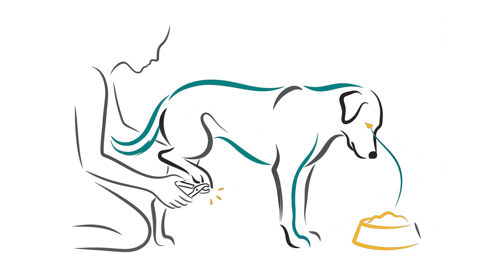 Ilustración de una persona cortando las uñas a su perra mientras ella mira tranquila un cuenco con premios en el suelo