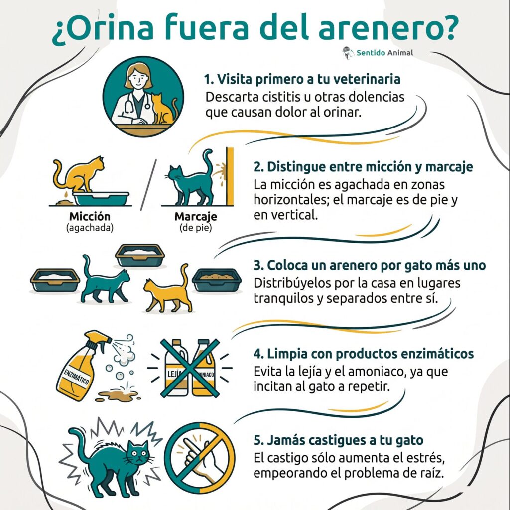 Infografía: qué hacer si tu gata orina fuera del arenero, en cinco pasos, de Sentido Animal
