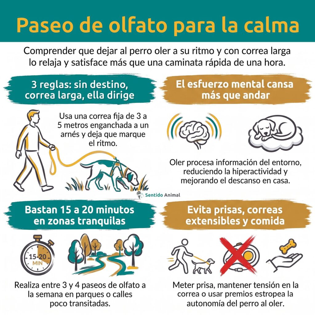 Infografía: paseo de olfato para la calma, con correa larga, sin destino y 15 a 20 minutos en zonas tranquilas, de Sentido Animal