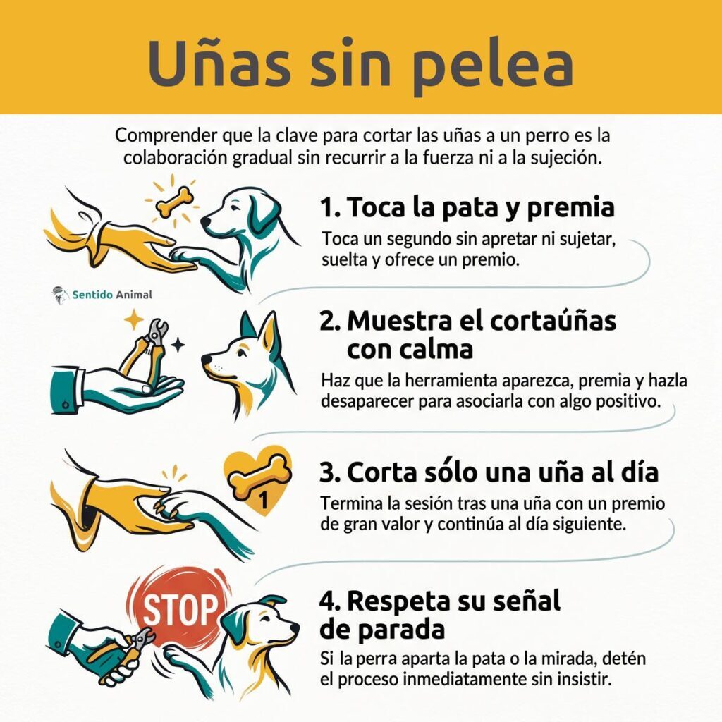 Infografía uñas sin pelea: toca la pata y premia, muestra el cortaúñas con calma, corta sólo una uña al día y respeta su señal de parada. De Sentido Animal