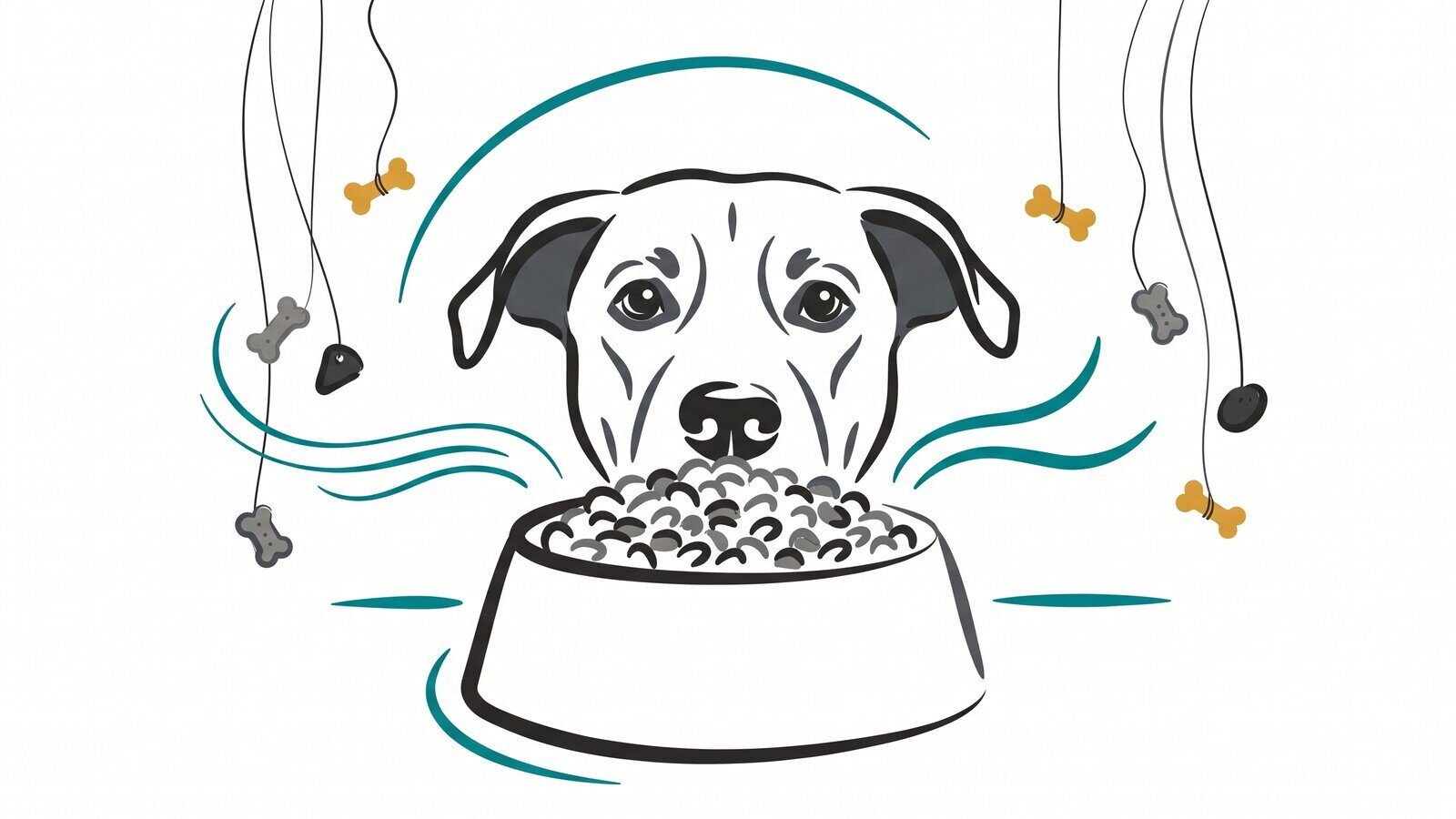 Ilustración de un perro mirando a cámara detrás de su cuenco de comida, con premios alrededor